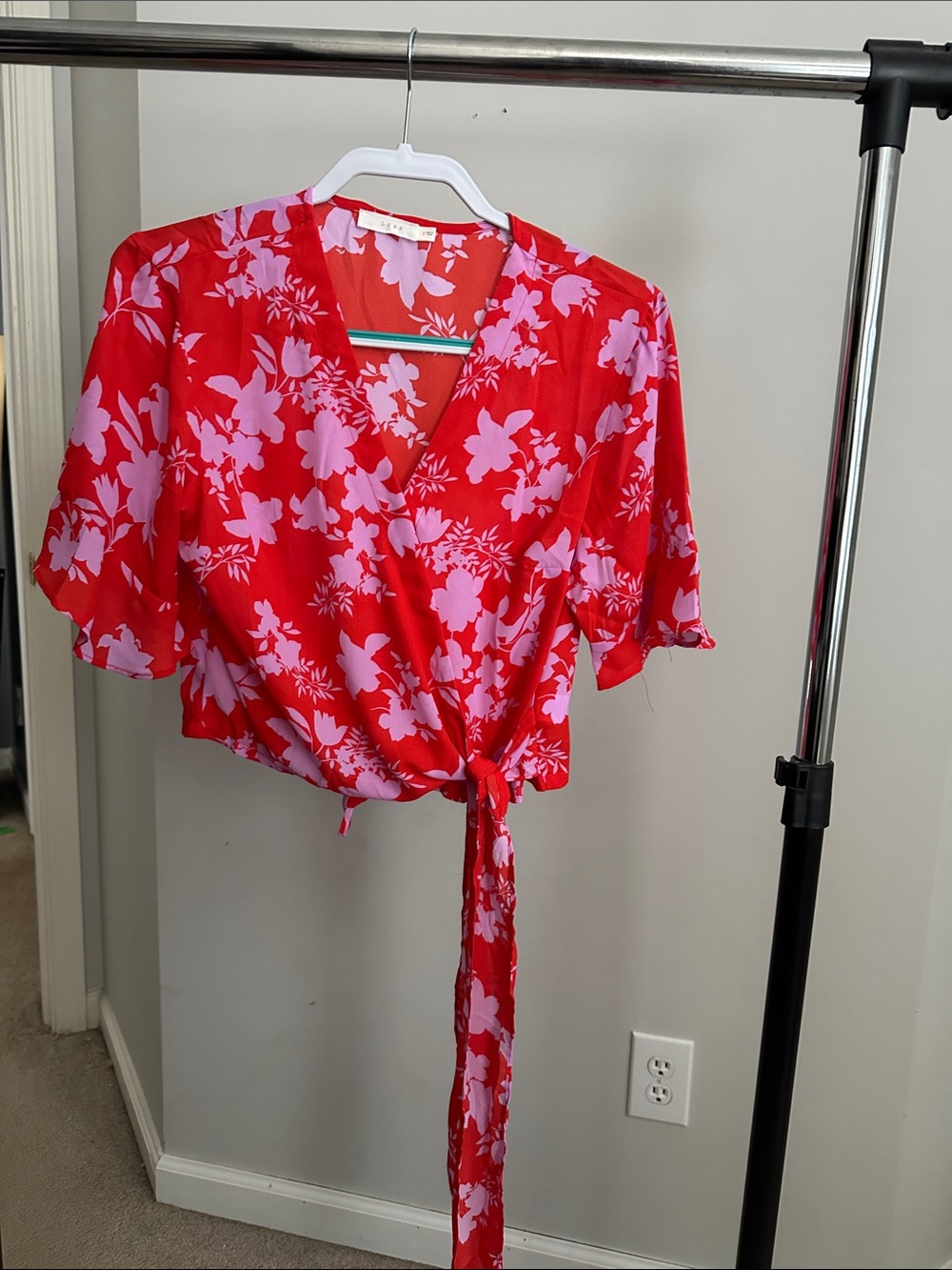 Lush Red Floral Tie-Waist Blouse with Pink Print